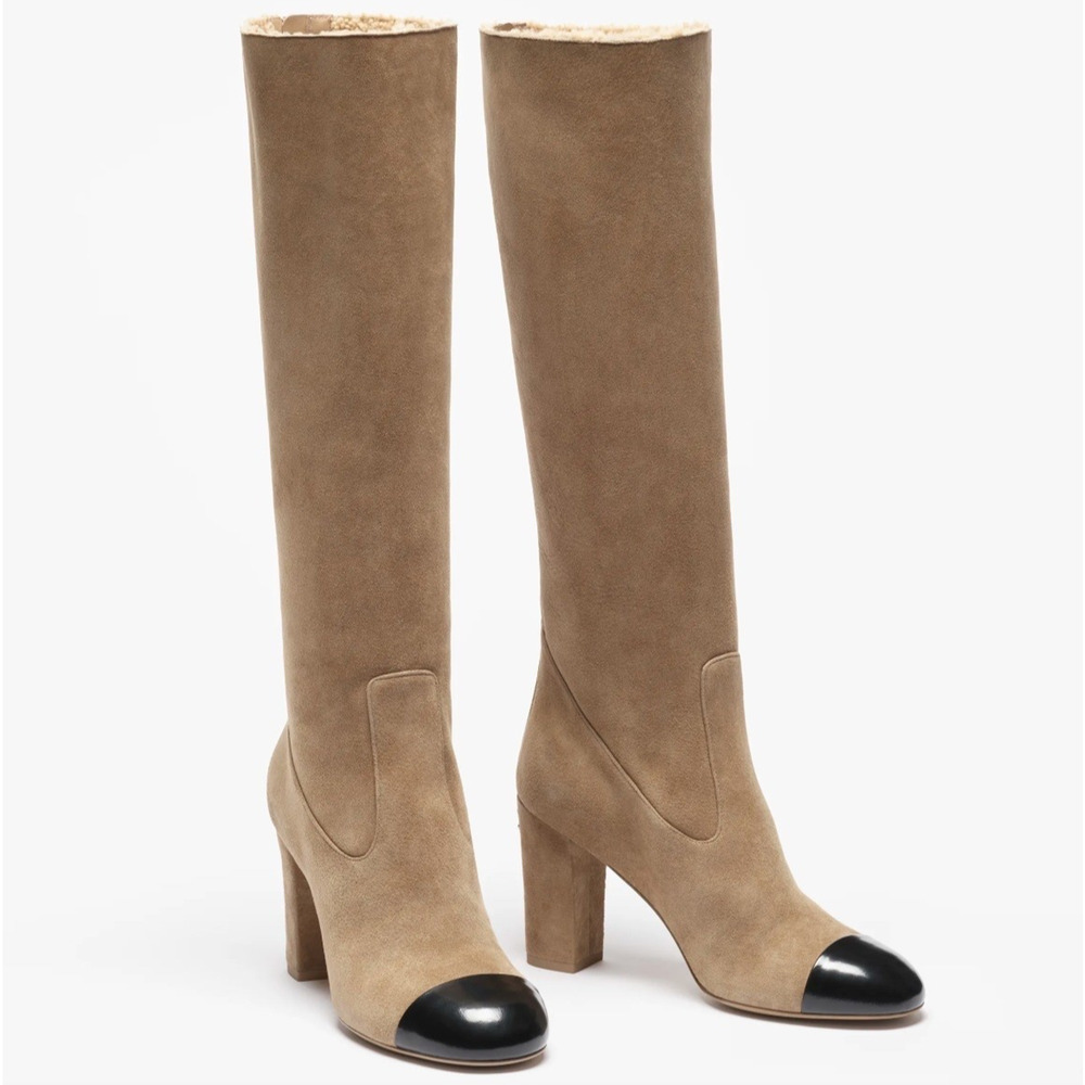 Chanel 24K Beige Suede Shearling Fur Black CC Logo Knee High Block Heel Boots 37